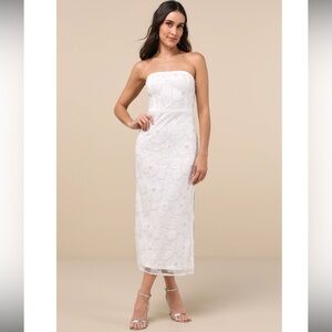 Lulus Mentality White Tulle Beaded Strapless Bodycon Midi Dress NWT Small